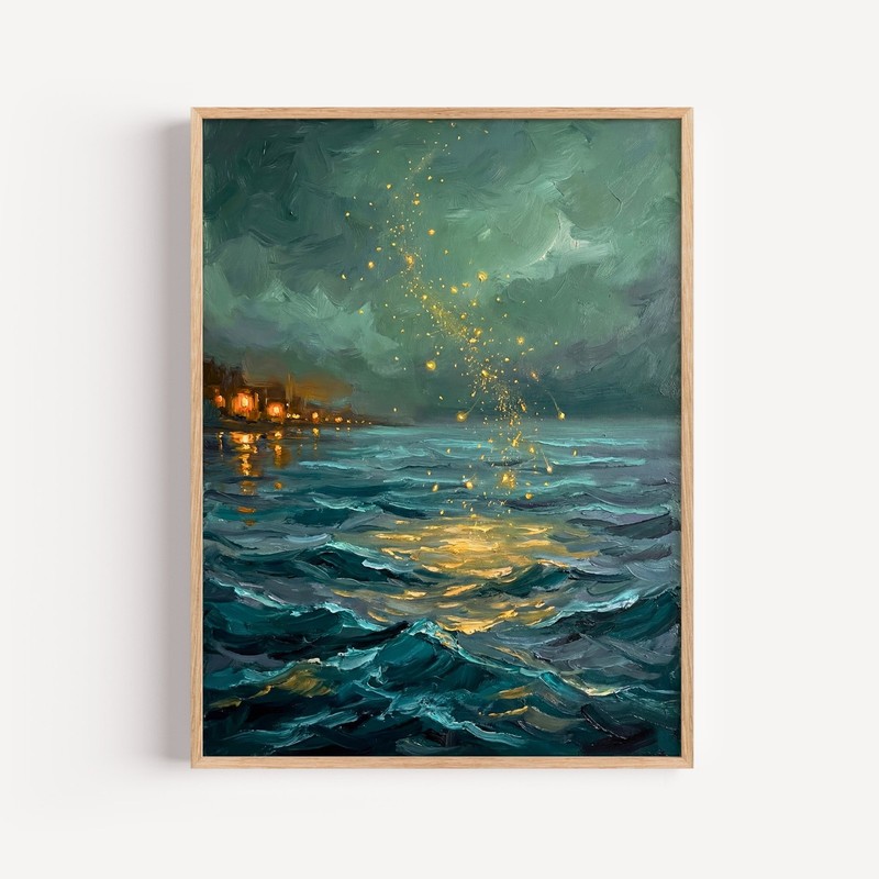 Celestial Night Seascape, Abstract Firefly Ocean Art, Moody Dark Teal Waves