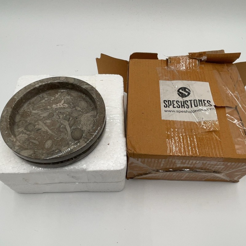 SPESHSTONES Fossil Marble Jewelry Tray Round Gray Stone Dish Contemporary Decor