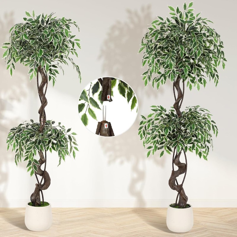 GRAVEE 5ft Artificial Ficus Tree Tall Fake Indoor Plant White Planter Pebbles gallery