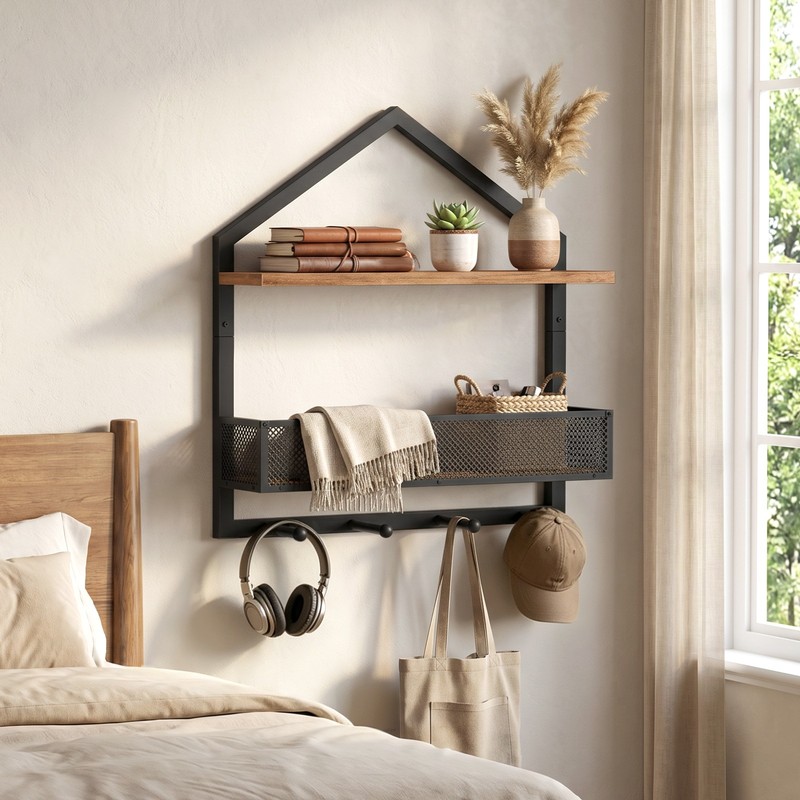 HOOBRO Wall Shelf with Hooks Industrial Floating Shelf for Wall Accent Shelf