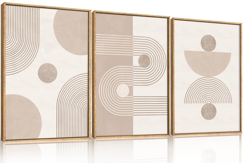 HPINUB Boho Abstract Framed Canvas Wall Art Set, Beige Mid Century Wall Decor…