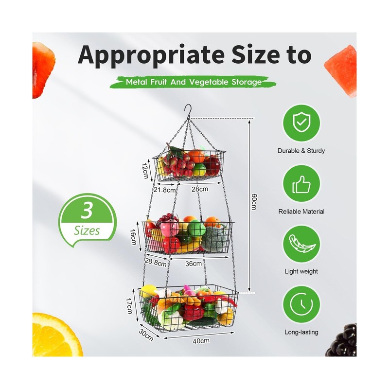 Hicarer 3 Tier Hanging Fruit Basket Square 35.4 Inch Fruit Orga... Fast USA SHIP gallery
