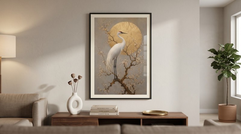 Japanese Crane Wall Art Gold Sun Japandi Poster Cherry Blossom Print gallery