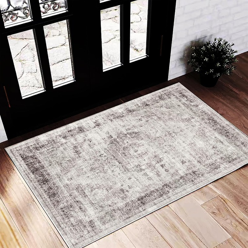 Washable Area Rug 2’x3′ Door Mat Vintage Floral red Distressed Doormat Indoor