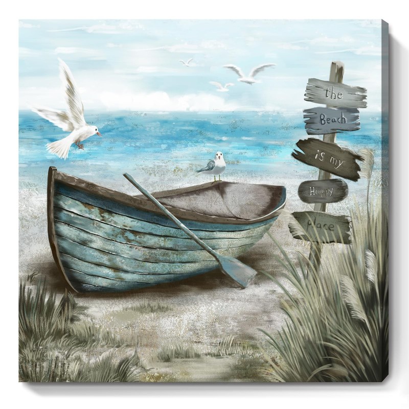 Bathroom Wall Art Coastal Décor Nautical 14″L x 14″W, Beach Boat