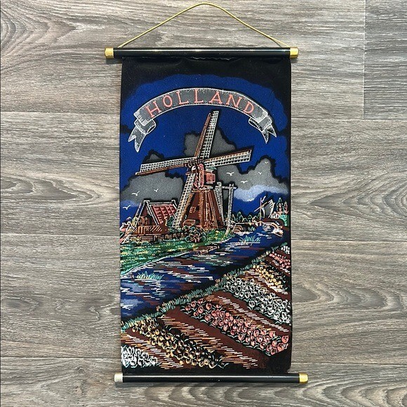 Vintage Tapestry Souvenir Hanging Holland Netherlands Velvet Scroll Wall Art 70s