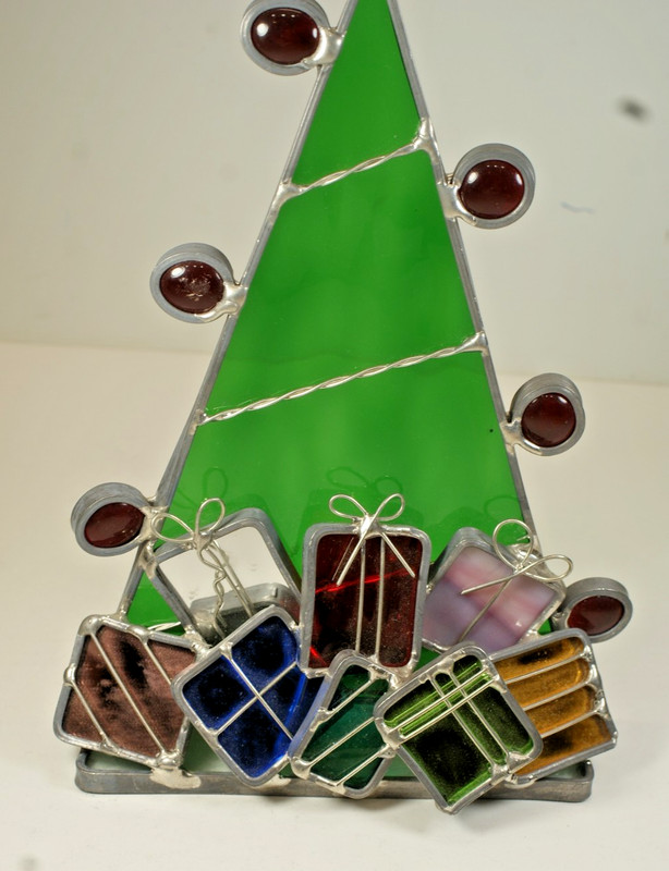 SG44 - Handcrafted Stained Glass, 3D Christmas Tree w/ Presents, 9 inches gallery