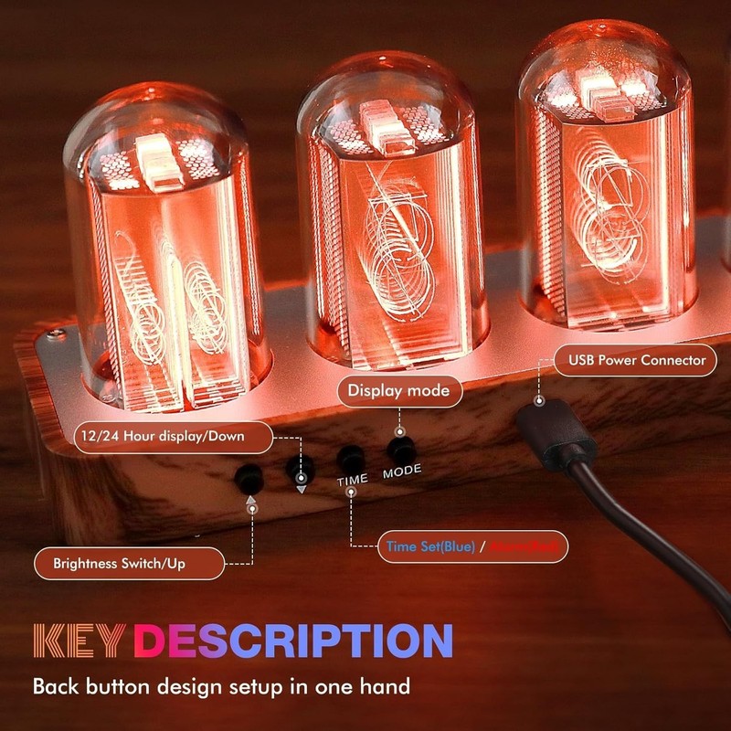 Retro Nixie Tube Clock with Wi-Fi Sync, Alarm & Timer - Wood Grain Design gallery