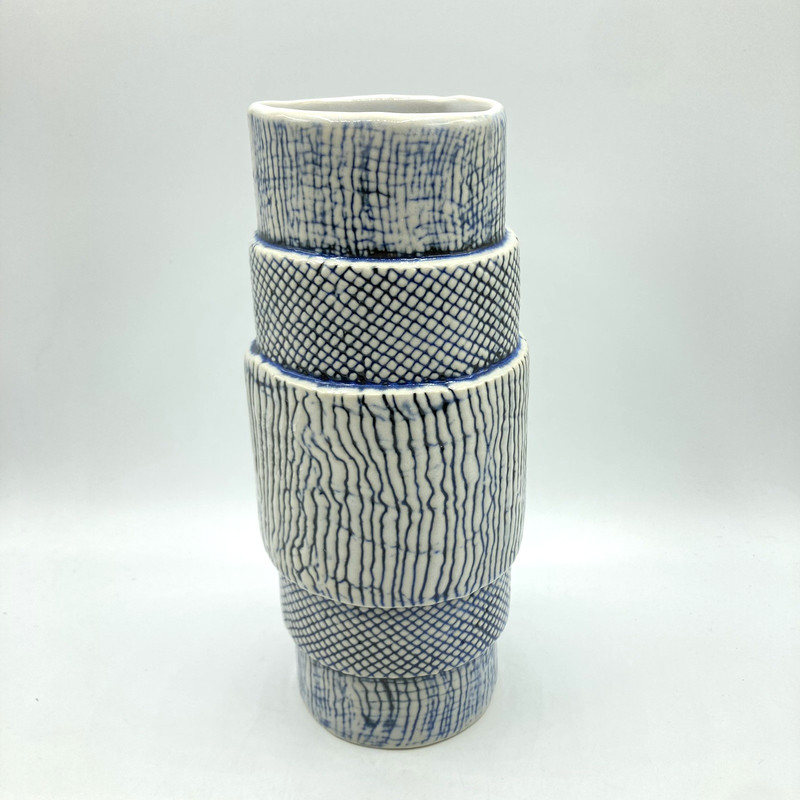 Artisan De Luxe Ceramic Vase Indigo Blue Tiered Textured Stripes Lines 8 3/4″ H