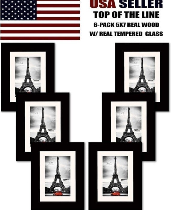Studio 500 6 Pack Of 5×7 Black Real Wood Tabletop/ Wall Picture Frames W/4×6 Mat