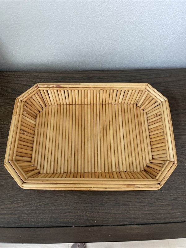 VTG Octagonal Reed Tray Bread Basket Table Centrepiece Handmade Cane MCM Retro