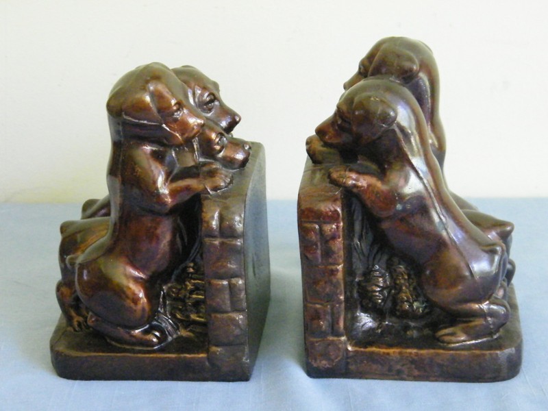 Vintage Cast Metal Dogs/Puppies Looking Over Fence Bookends Pair ~ Bronze Tone