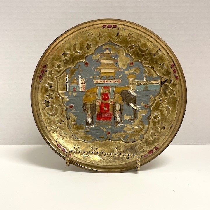 Vintage Brass Elephant Wall Plate Hand Painted Enamel India Celestial Moon Stars