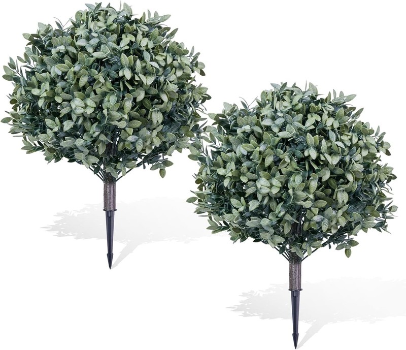 2Pcs Artificial Boxwood Topiary Ball Trees 65cm with Ground Spike Indoor Outdoor