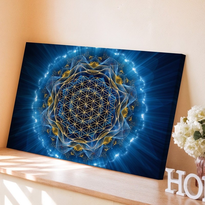 Radiant, Abstract Design Featuring A Golden Flower Of Life Pattern At Wall Art gallery