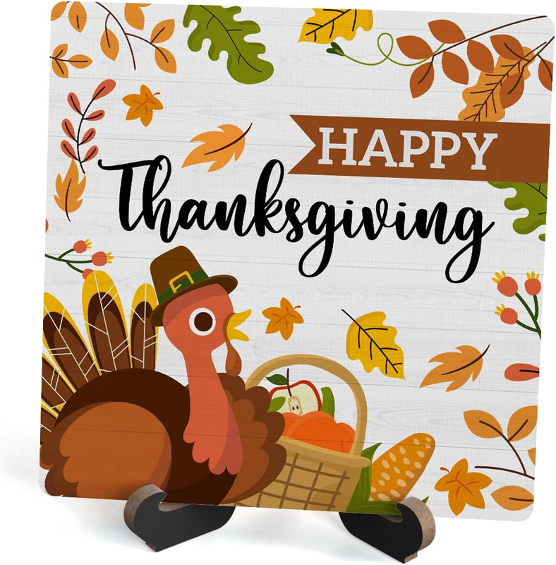 Fall Wood Plaque with Stand, Happy Thanksgiving Desk Sign Decor for Farmhouse Ho