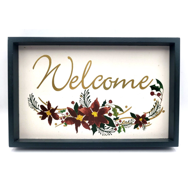 Festive Blooms WELCOME Plaque Poinsettias Dark Green Frame 11×7″