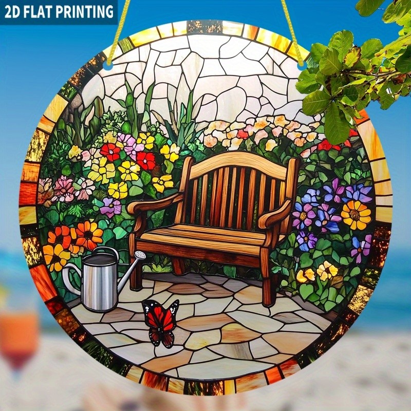Cozy Garden Scene Wooden Bench Colorful Flowers Watering Can Acrylic Suncatcher