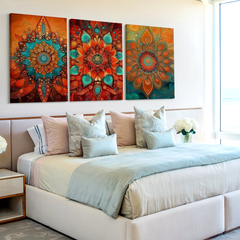 3 Pieces Vibrant Mandala Intricate Patterns Rich Large Wall Art for Set Of 3
