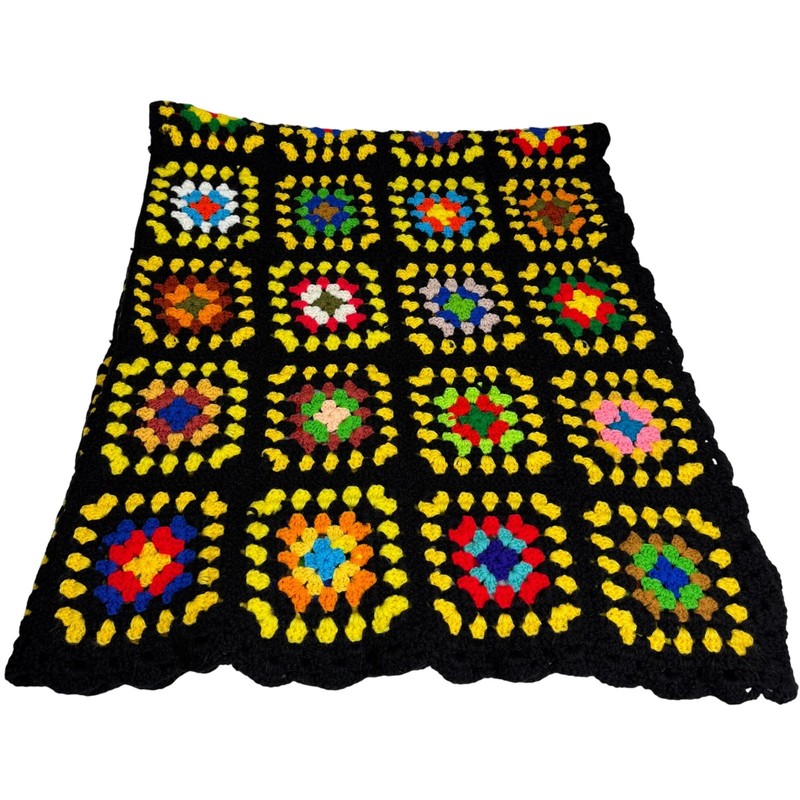 Handmade Crochet Granny Square Afghan Blanket Black Boho Retro Patchwork 62"x70" gallery