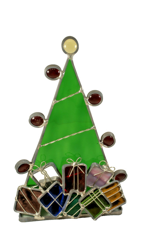 SG44 – Handcrafted Stained Glass, 3D Christmas Tree w/ Presents, 9 inches