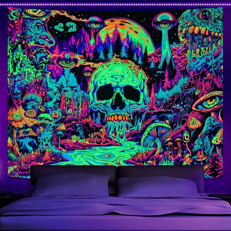UV Reactive Blacklight Tapestry Hippie Skull Mushroom Trippy Neon Art 48×36
