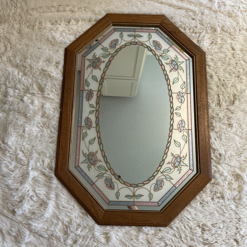 Vintage Cottagecore Floral Etched Stained Glass Mirror Octagon Mirror 21.5”x31”