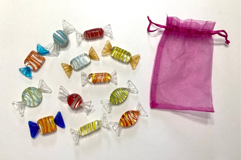 Vintage Mixed Lot Of 12 Murano Style Glass Candy Assorted Colors Shapes w/Bag