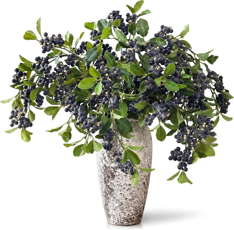 33″ Artificial Blueberry Stems for Vase – 8 Pcs Lifelike Faux Blueberries Fruit