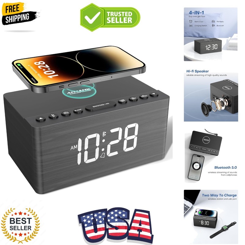 Wooden Bluetooth Speaker Alarm Clock with Fm Radio, Wireless Charging Station…