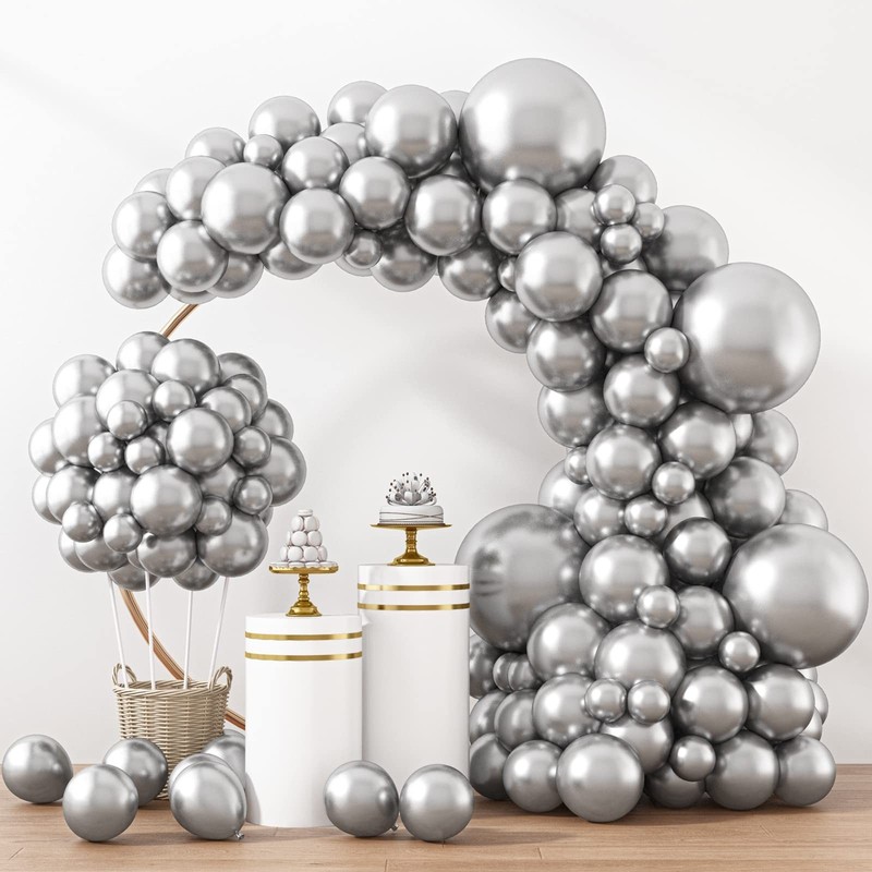 RUBFAC Silver Balloons 129pcs Different Sizes 18 12 10 5 Inches, Metallic Bal...