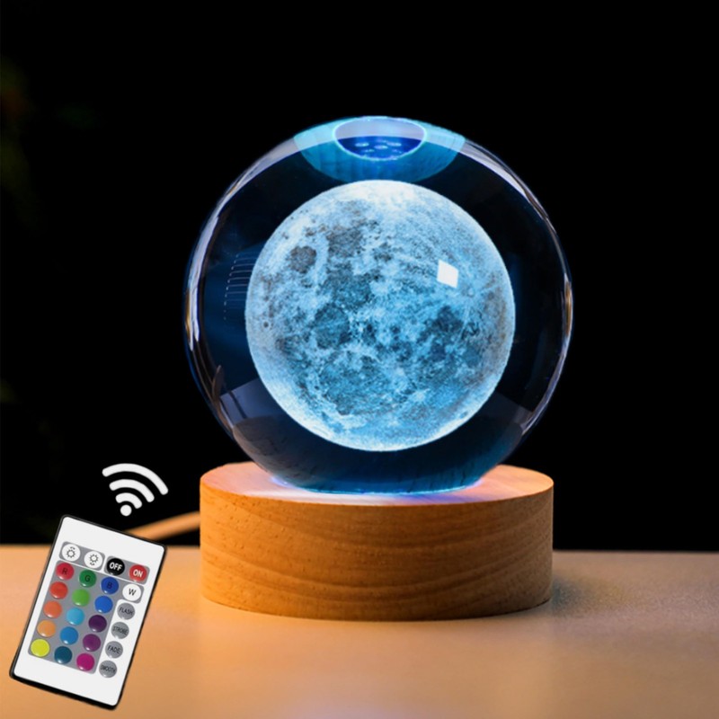 3D Moon Crystal Ball with LED Stand, Remote Control, 16 Colors Change, Moon F…