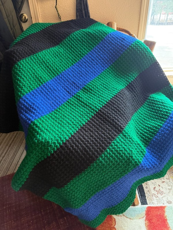 New Homemade Crocheted Blanket 5′ X 44in Green, Black and Blue