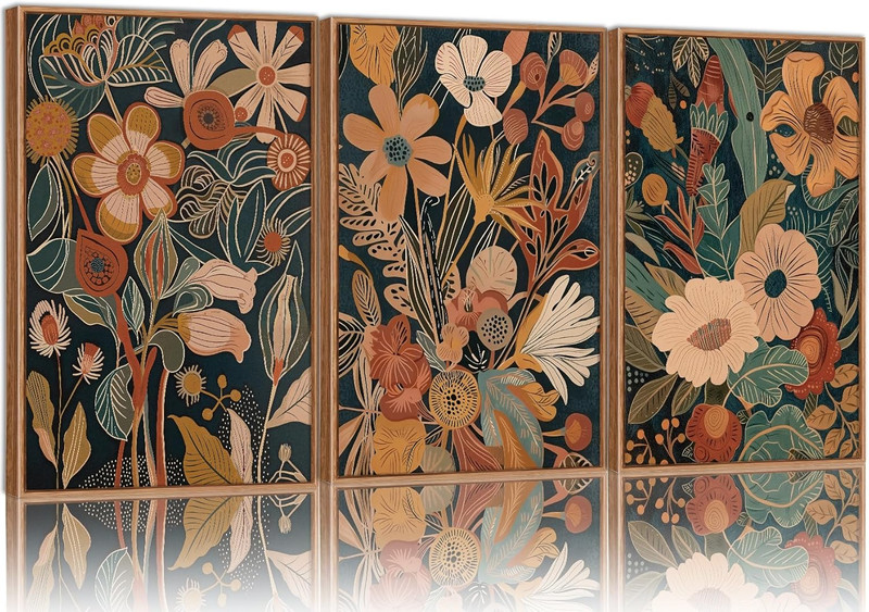 Tinonedraw Burnt Orange Floral Framed Canvas Wall Art Set of 3, Boho Chic Flower