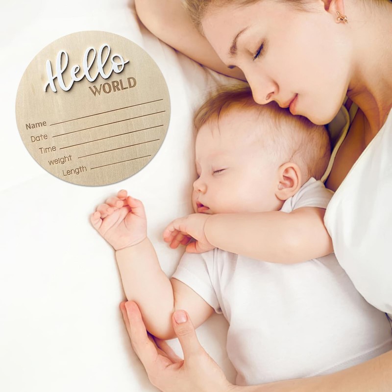 Baby Announcement Sign, ​5.9 Inch Wooden Hello World Newborn Signs, Birth gallery