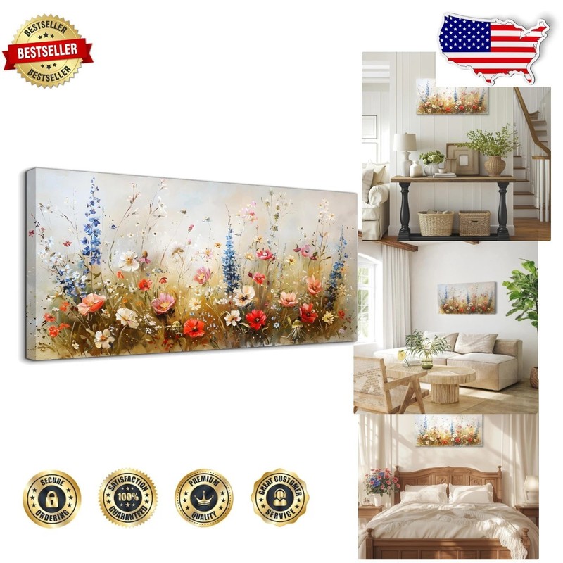 Rustic Floral Wall Art 20×40″ Textured Canvas – Modern Cottagecore Decor