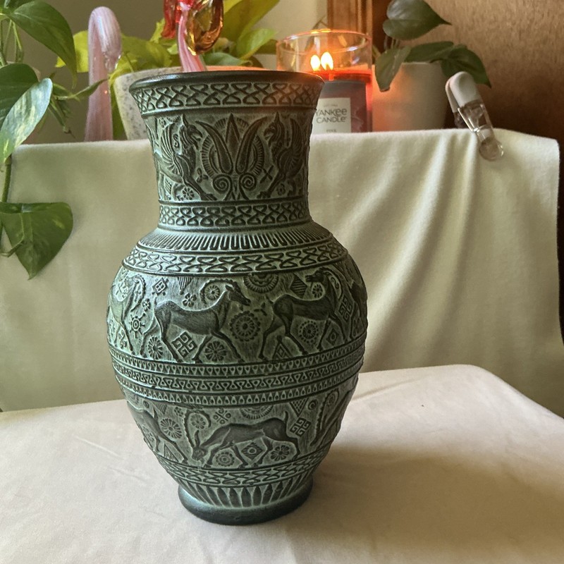 Egyptian Style Vase With A Green Patina Finish.