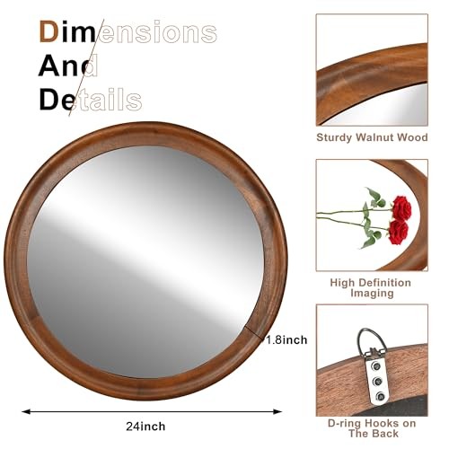 Round Wall Mirrors 24 Inch,Wood Rustic Decorative 24"L x 24"W Walnut Brown gallery