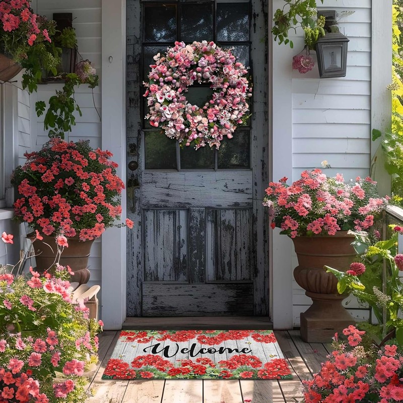 Spring Summer Door Mat, Geranium Welcome Flowers Doormat, Spring Home Decor Non gallery