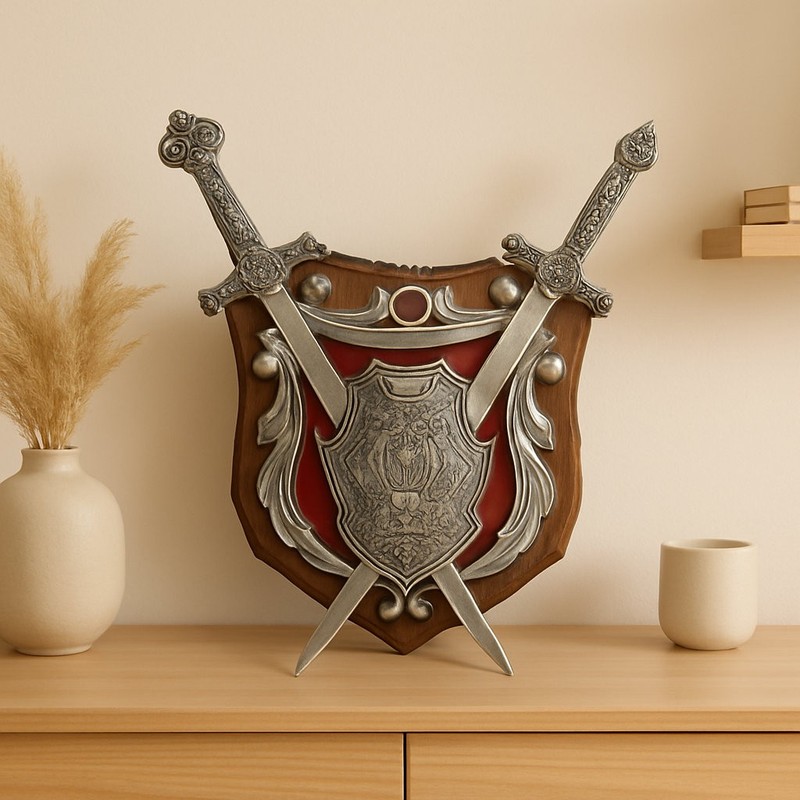 Bronze Portugal Coat of Arms Shield with Silver Swords, 3lb 2oz, 15x3x11