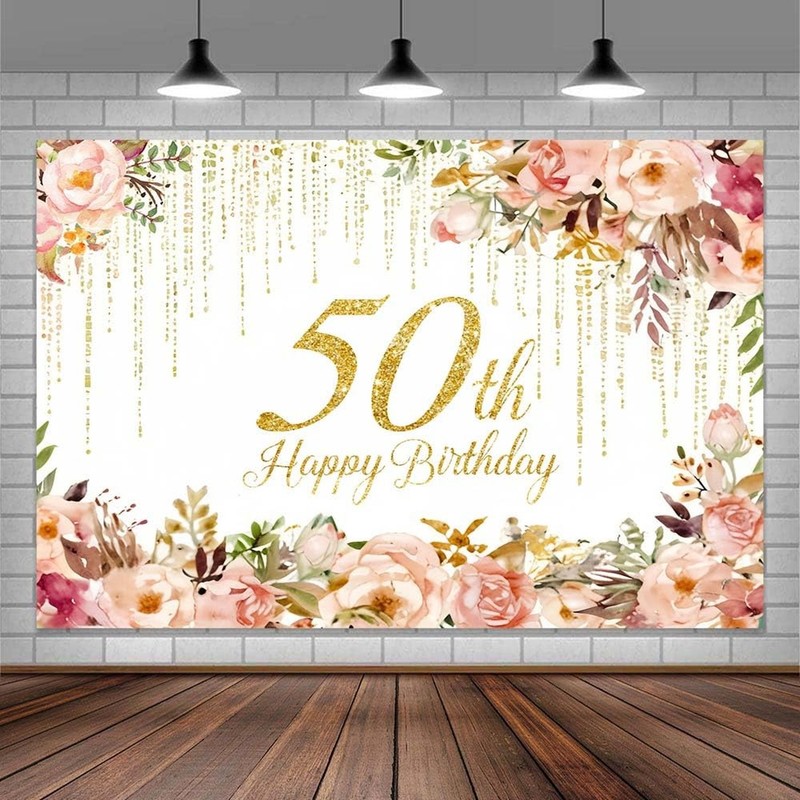 7 x 5 ft Happy 50th Birthday Backdrop Pink Watercolor Floral Golden Backgroun... gallery