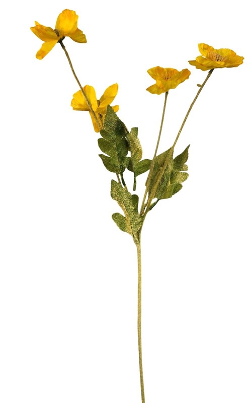 Yellow Artificial Poppy Flower Stems Silk & Plastic Foliage Single Stem Realisti