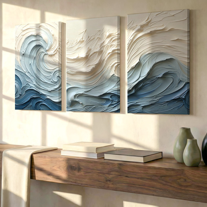 3 Pieces Abstract Ocean Waves Neutral Blue Tones Large Wall Art for Set Of 3