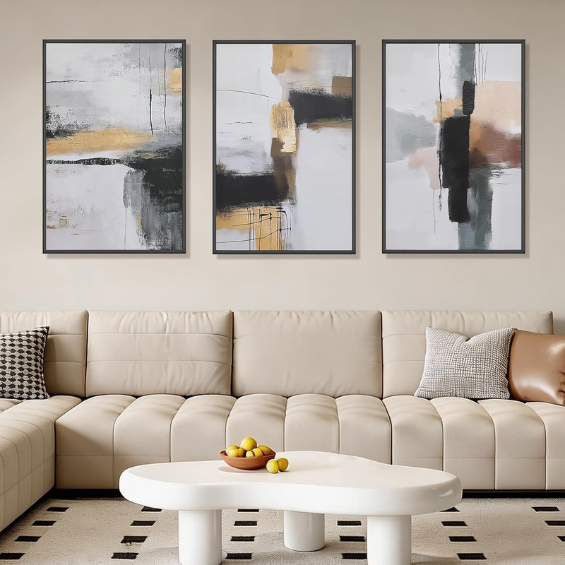 Large Abstract Wall Art Set of 3 Framed Canvas Prints – Modern Beige & Black