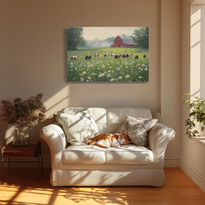 Red Barn Dairy Cows Farm Painting Print on Framed Canvas Wall Art Farmhouse gallery