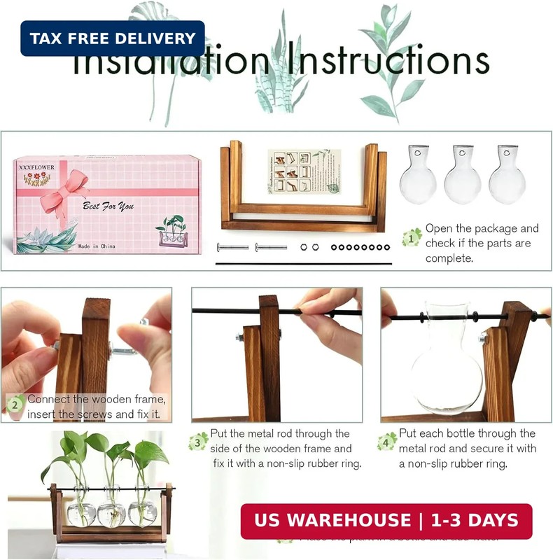 XXXFLOWER Plant Terrarium with Wooden Stand, Air Planter Bulb Glass Vase Metal S gallery