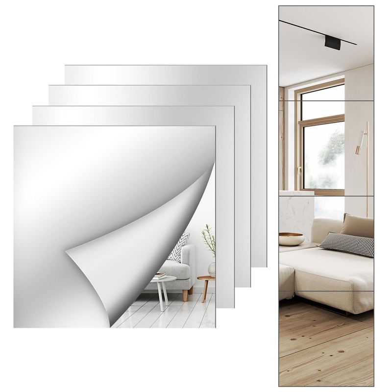 4 Pack Wall Mirror Full Length, 12 x 12 Inch Acrylic Mirror Tiles, Shatterpro…