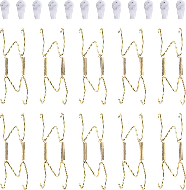 10 Piece Plate Hangers, 4 Inch Invisible Brass Wall Plate Hangers, Comes with 12