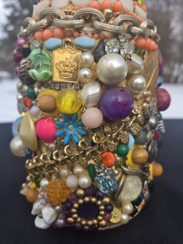 Vintage 82 Funky Fun Memory Vase Beads Jewls Buttons Folk Art Collage Colorful gallery