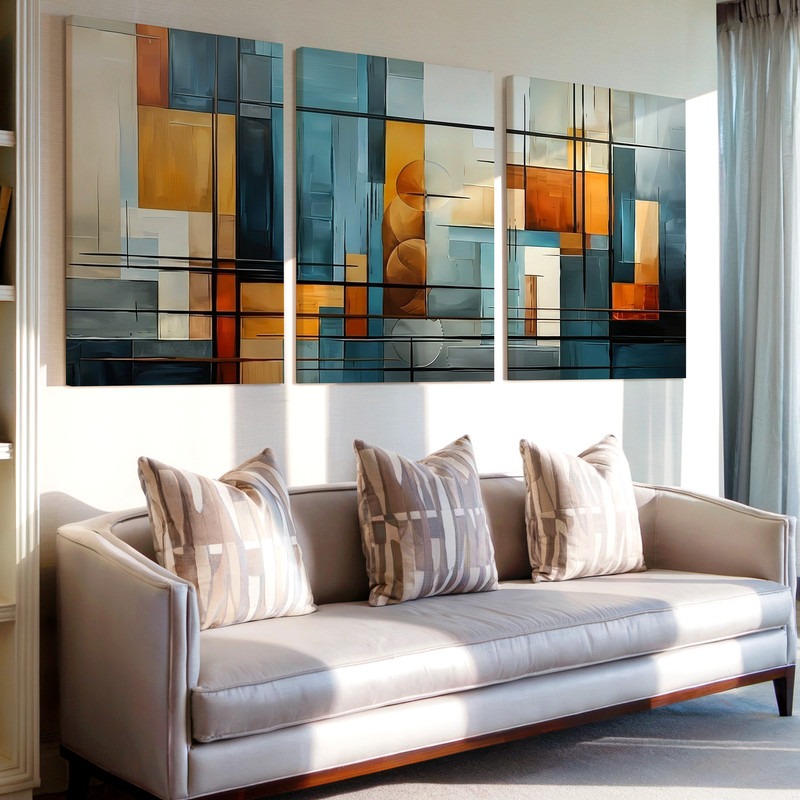 3 Pieces Abstract Geometric Blue Orange Modern Large Wall Art Canvas Set Of 3